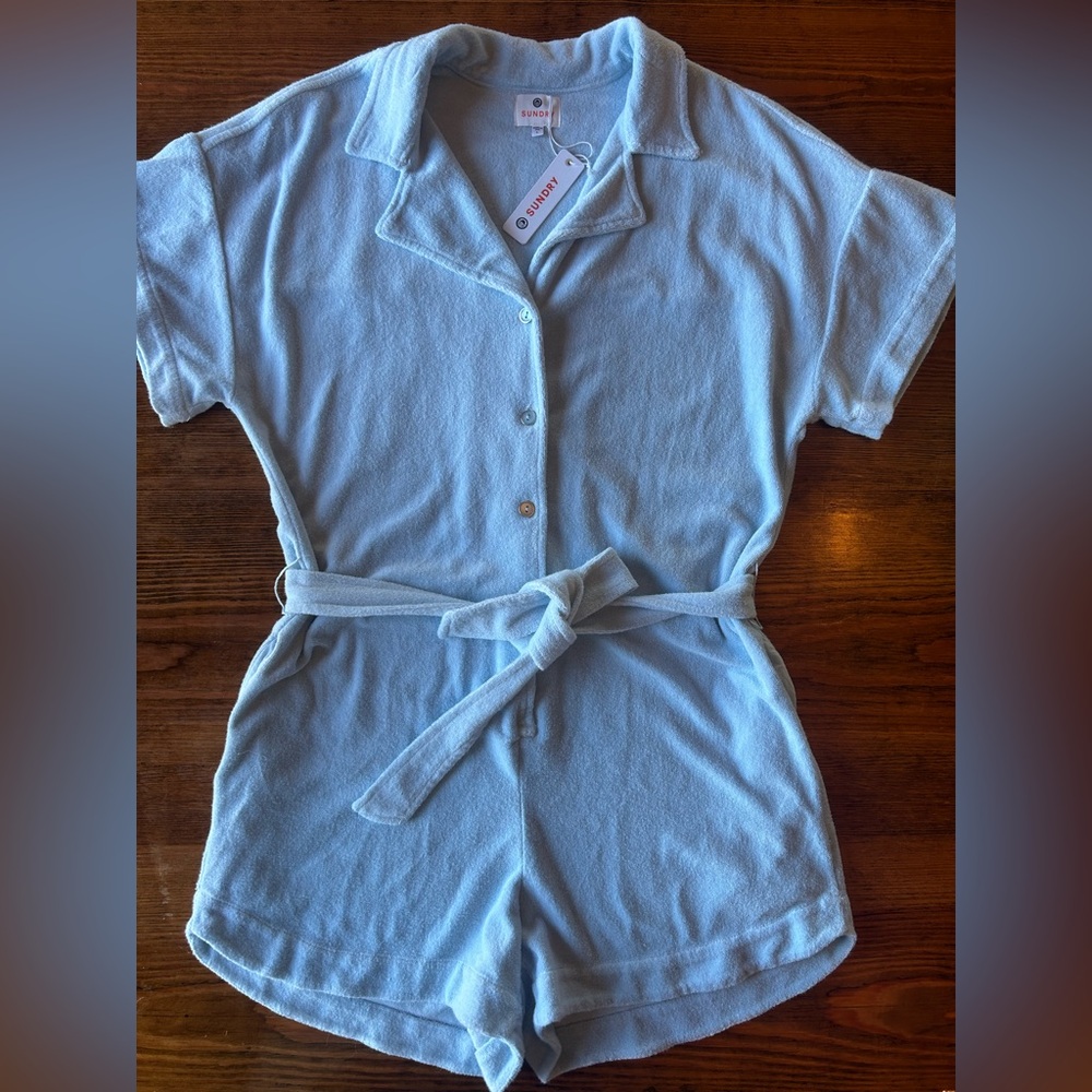 Revolve SUNDRY Light‎ Blue Loop Terry Shorts Romper Large NWT
